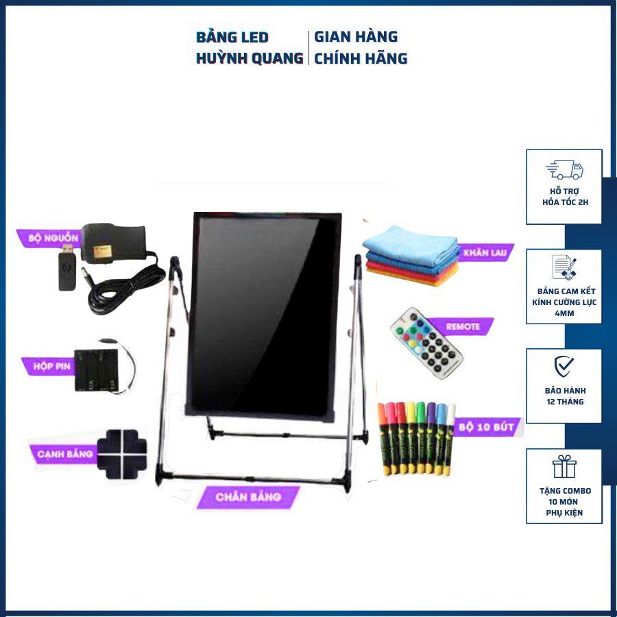 Bảng Led Huỳnh Quang, Bảng Viết Dạ Quang 60x80cm, 50x70cm, 30x40cm ( Tặng kèm chân giá + 10 bút + Điều khiển + khăn lau)