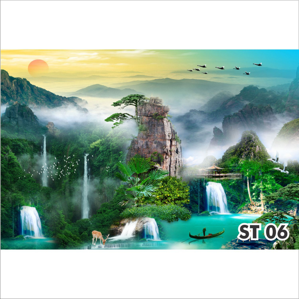 Tranh dán tường 3D decal sơn thủy, non nước hữu tình (in theo kích thước yêu cầu) [Mã số: 06 - 10]
