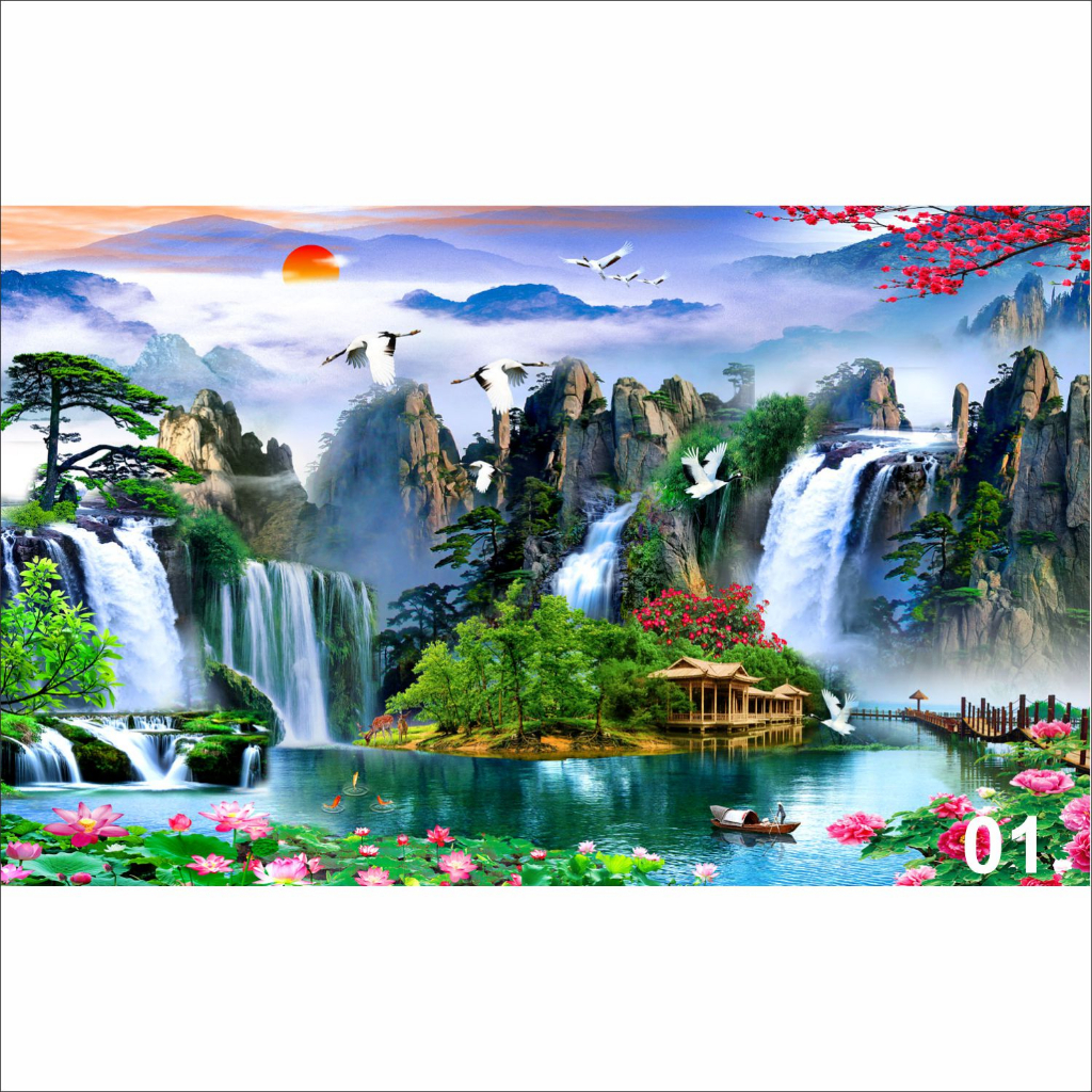 Tranh dán tường 3D decal sơn thủy, non nước hữu tình (in theo kích thước yêu cầu) [Mã số: 01 - 05]