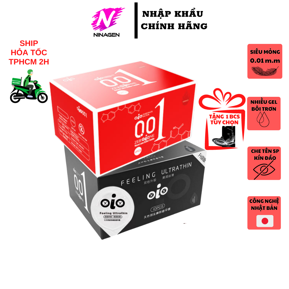 Bao cao su siêu mỏng 001 OiO hương vani nhiều gel bôi trơn Hộp 10 bcs NinaGen