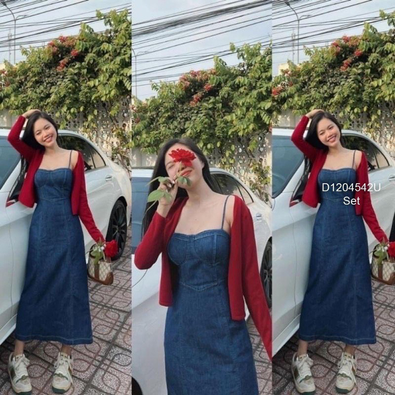 Set áo khoác đỏ phối đầm jean 2 dây cúp ngực sang trọng VIENS STORE