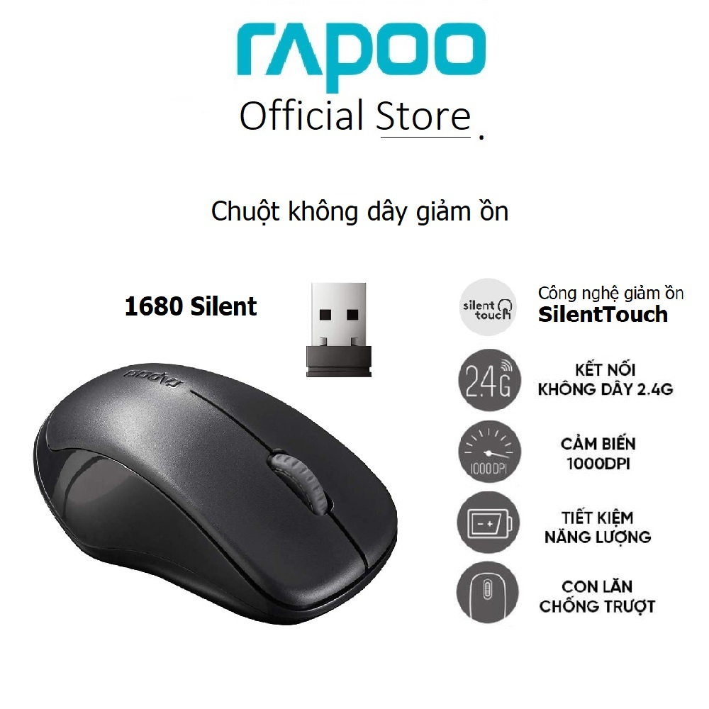 Chuột không dây Rapoo 1680 Silent Yên lặng, 1000 DPI, Nút click cực êm, không gây tiếng ồn