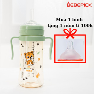 Bình hút tay cầm Bebepick PPSU Hàn Quốc chính hãng Hổ Xanh Mint ống hút thẳng silicone cho bé