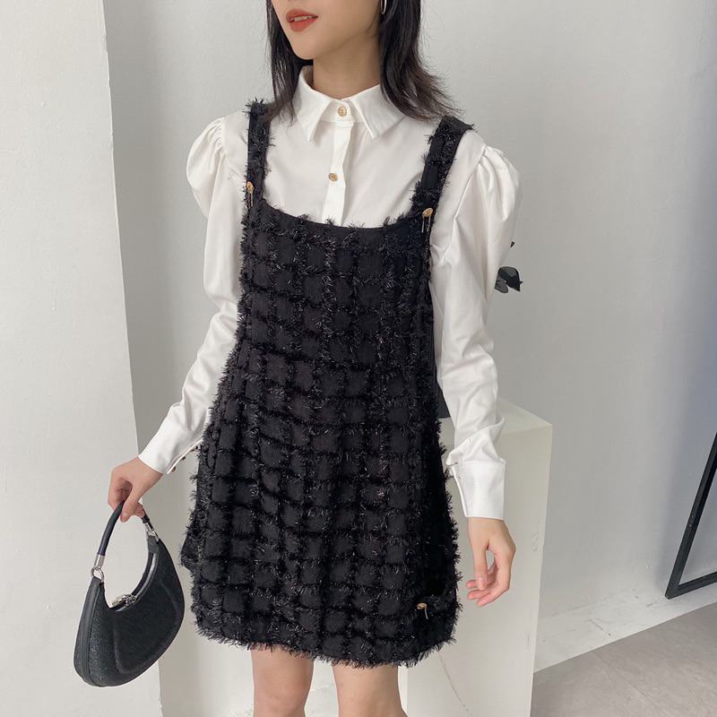 Set áo sơ mi tay bồng yếm nhũ lông 927