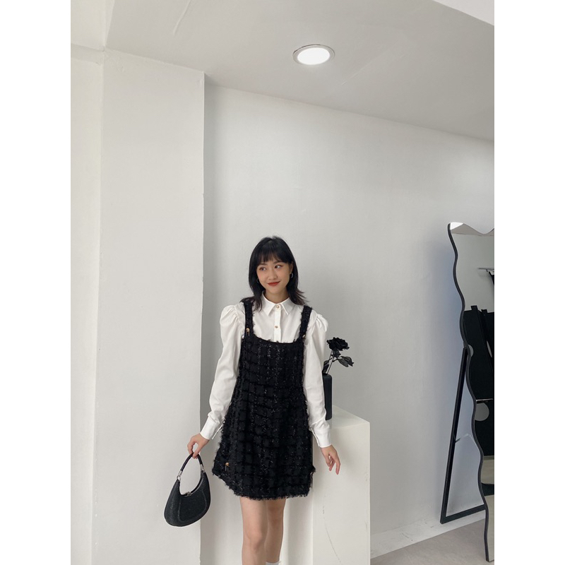 Set áo sơ mi tay bồng yếm nhũ lông 927