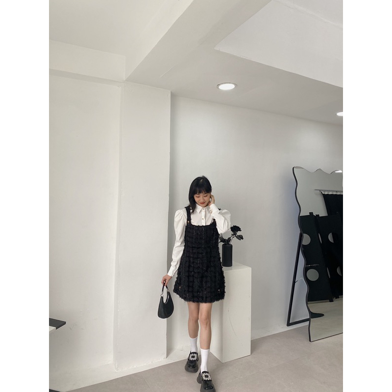 Set áo sơ mi tay bồng yếm nhũ lông 927