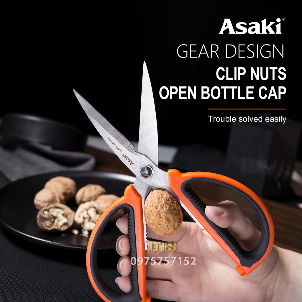 Kéo nhà bếp đa năng 200mm Asaki AK-8628, kéo cắt siêu sắc bén gia dụng thép không gỉ, cán cầm bọc nhựa ABS chống trượt