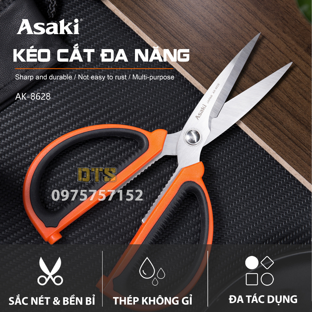 Kéo nhà bếp đa năng 200mm Asaki AK-8628, kéo cắt siêu sắc bén gia dụng thép không gỉ, cán cầm bọc nhựa ABS chống trượt