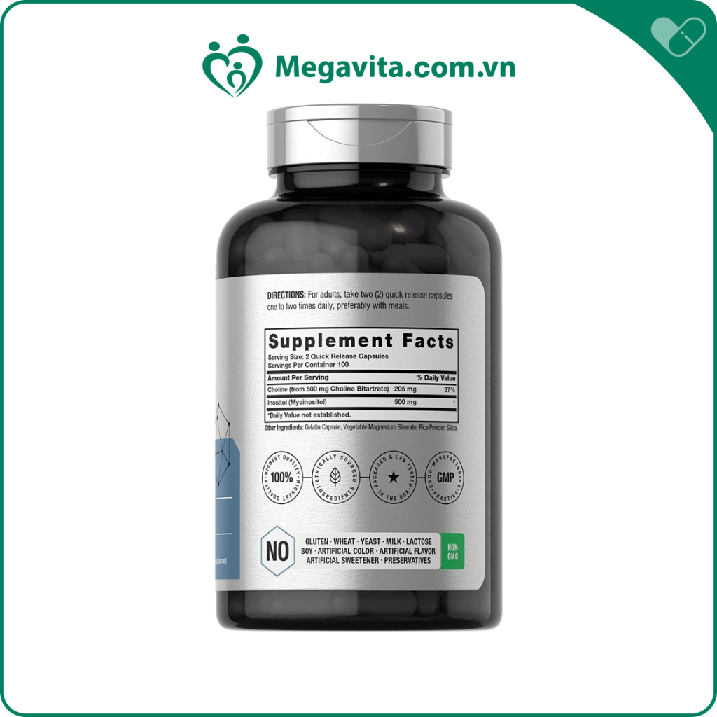 Viên Uống Hỗ Trợ Chức Năng Thần Kinh và Năng Lượng Horbaach Choline Inositol 1000mg 200 viên
