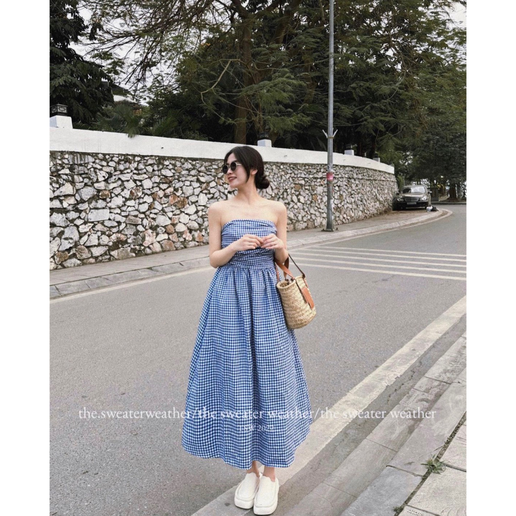 Váy cúp ngực kẻ caro HeyGirl đầm maxi nữ kẻ caro dáng dài siêu nữ tính H386