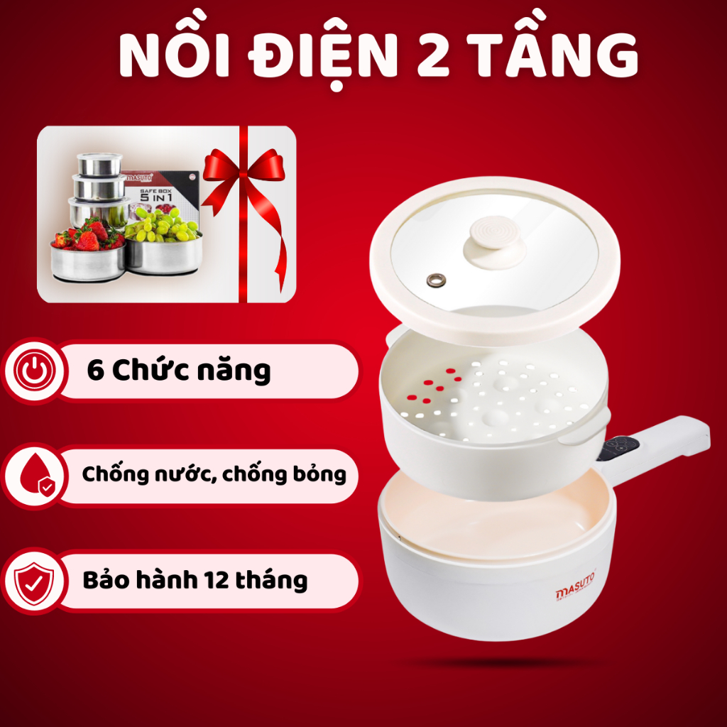 Nồi lẩu điện đa năng Masuto 2 tầng 1,8L đun lẩu siêu nhanh chống dính ceramic 6 chế độ nấu tự động