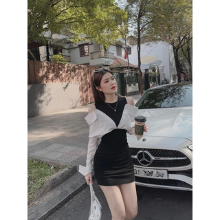 Đầm body nữ đen phối sơ mi thô trắng