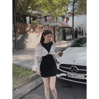 Đầm body nữ đen phối sơ mi thô trắng
