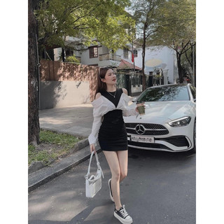 Đầm body nữ đen phối sơ mi thô trắng