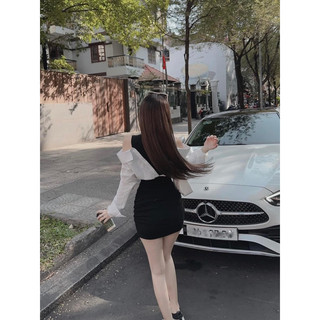 Đầm body nữ đen phối sơ mi thô trắng