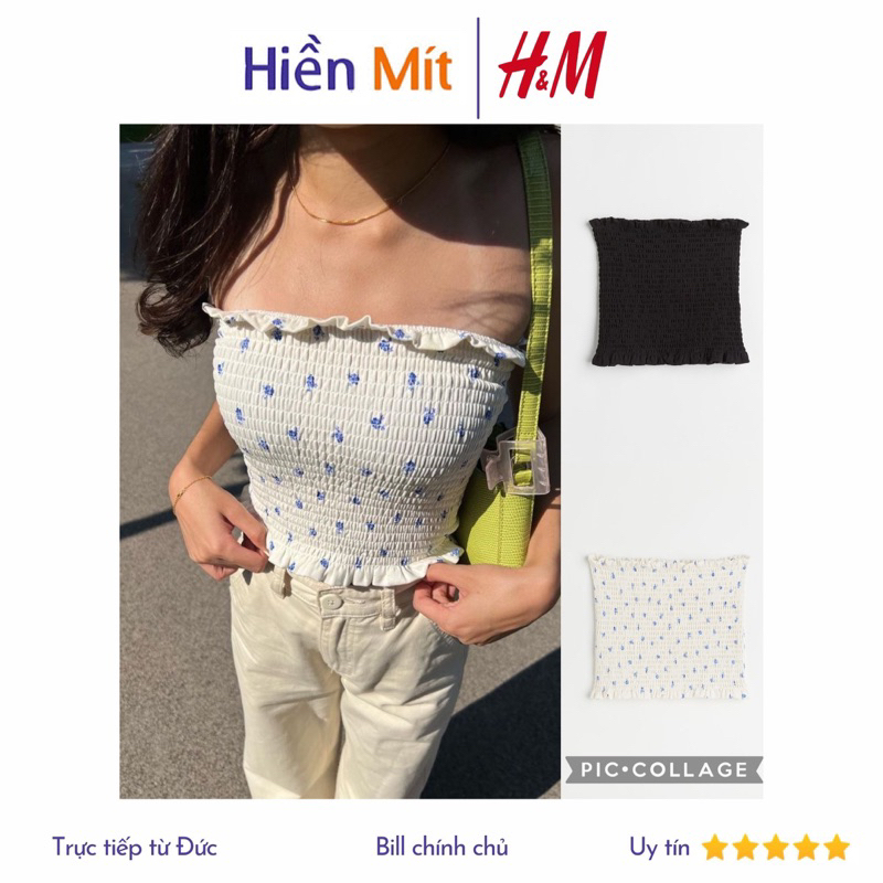 H&M Đức - Áo ống bo chun siêu tôn dáng dễ phối đồ đen trắng họa tiết hoa auth sale chính hãng có sẵn 1049254001 HM