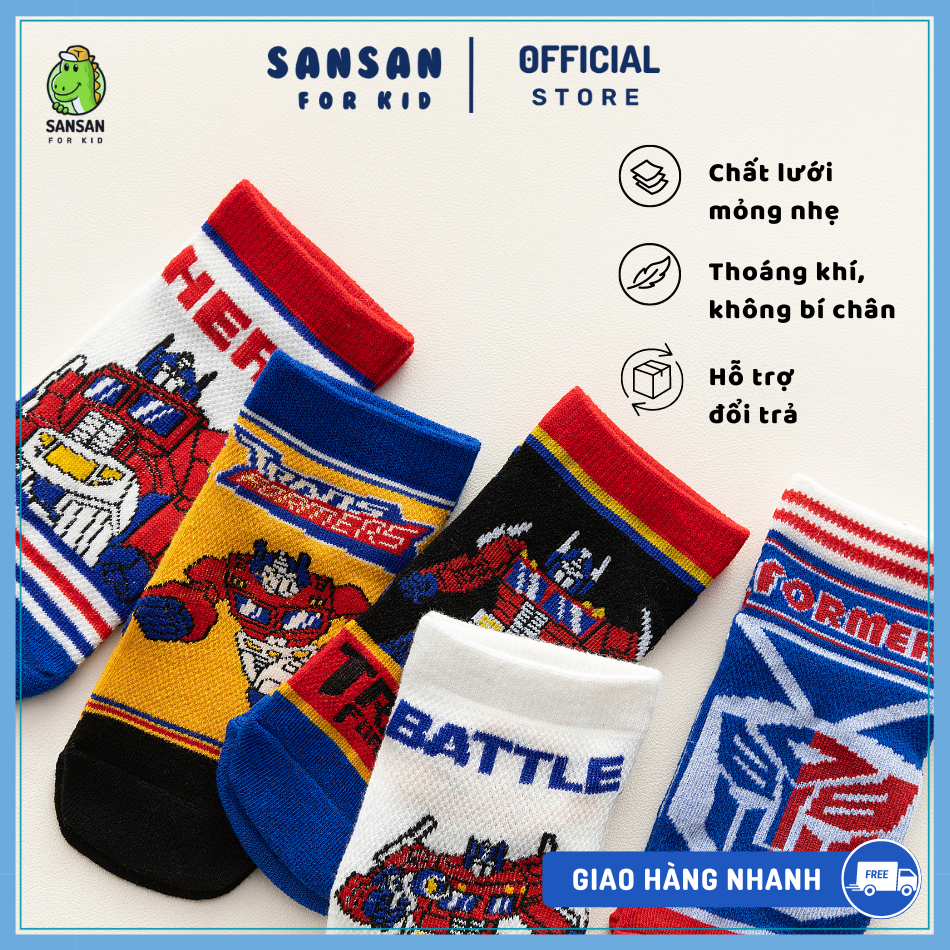 Bst các Set 5 đôi tất vớ ngắn cổ mùa hè cho bé, hình siêu nhân, pokemon, chất liệu vải lưới siêu thoáng