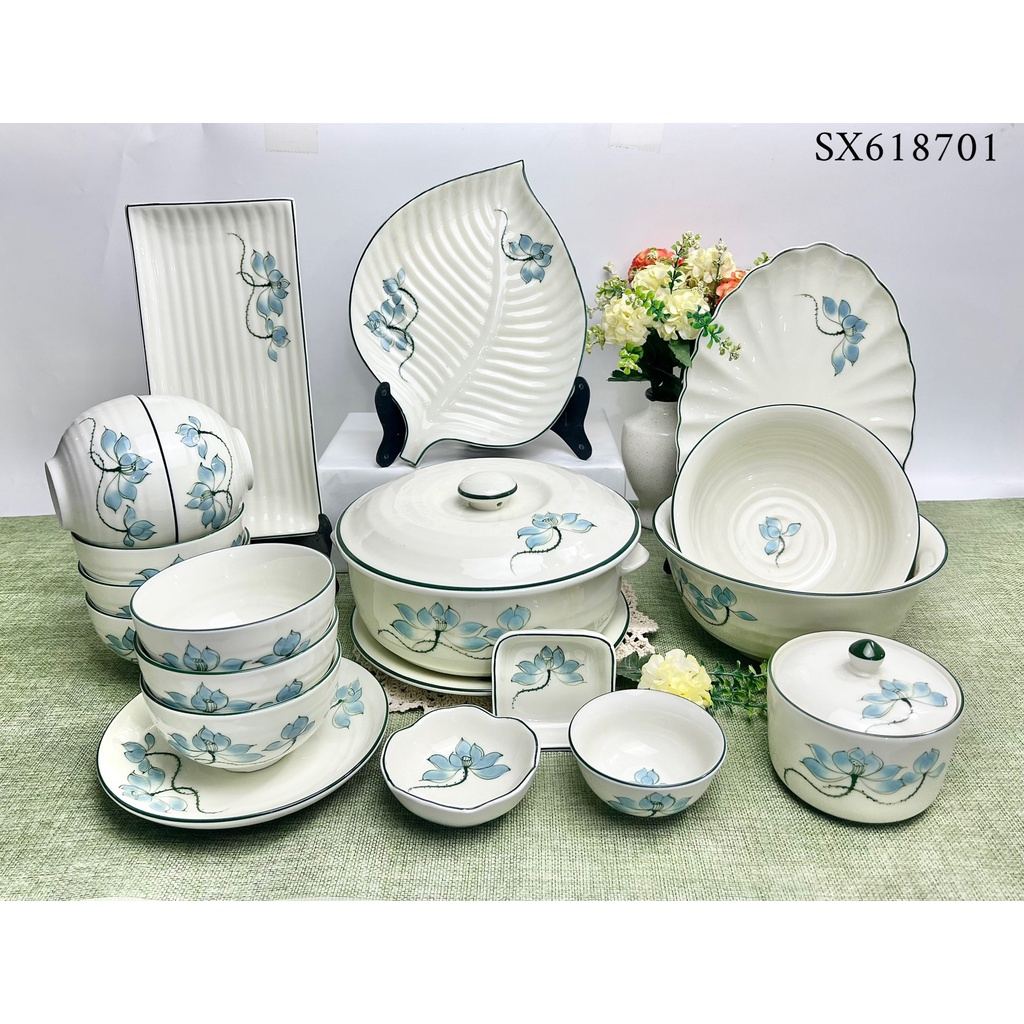 Bộ bát đĩa sứ men kem Bát Tràng cao cấp họa tiết sen xanh nhiều mẫu lựa chọn
