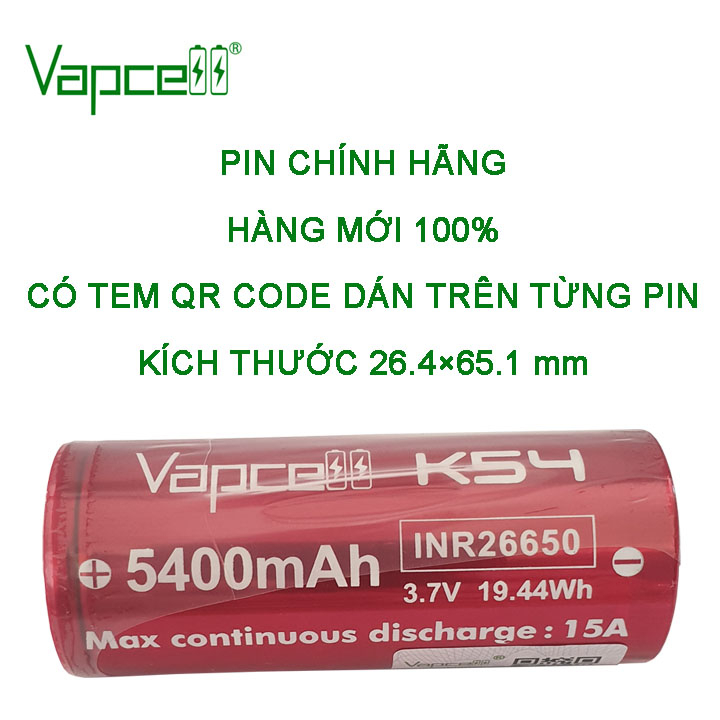 PIN chính hãng Vapcell K54 INR26650 5400mAh dòng xả liên tục tối đa 15A - Prism official