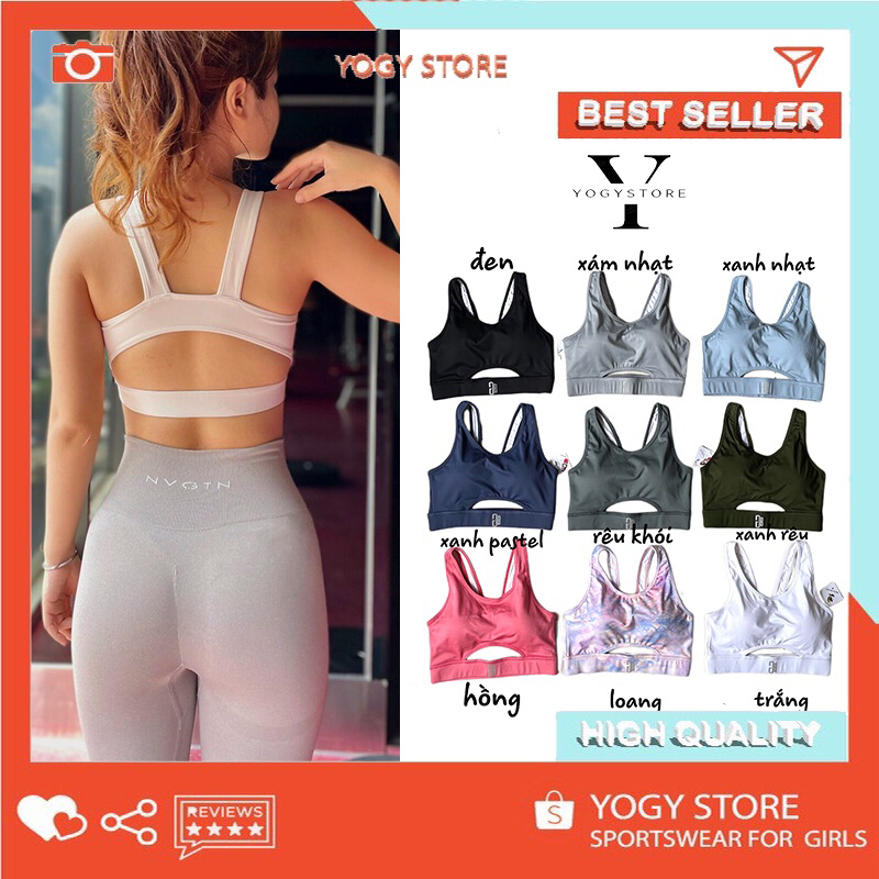 Áo tập thể thao gym yoga nữ bra GB chất thun poly dày dặn cao cấp, hai dây, form ôm nâng ngực cực kì tốt.