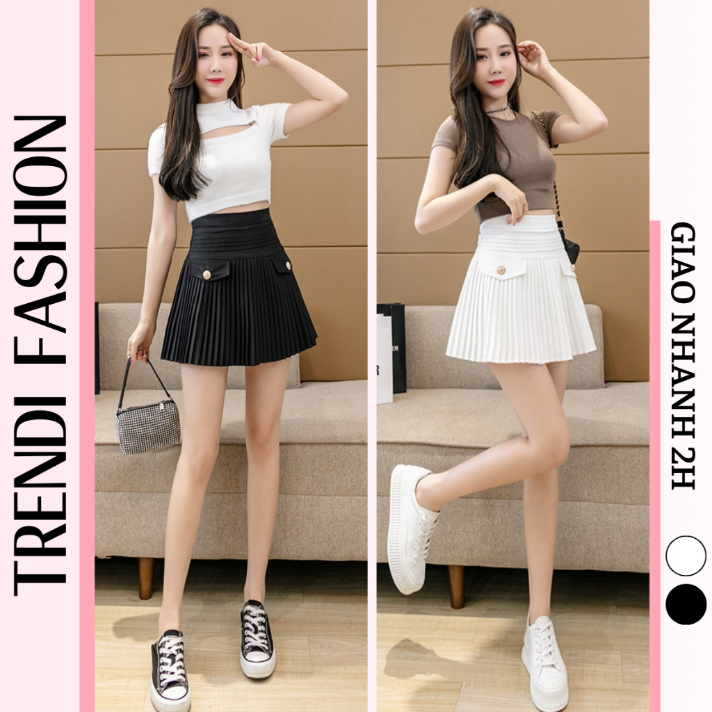 Chân váy ngắn tennis chữ a xếp ly nhỏ cạp cao to bản ôm eo giấu bụng túi sườn có quần trong bảo hộ khóa kéo sau CV60
