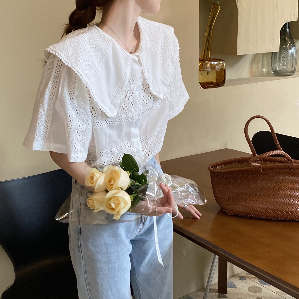 (HÀNG SẴN) Áo sơ mi tay ngắn chất xô thêu cao cấp, Áo cổ bèo tiểu thư xinh xắn màu trắng
