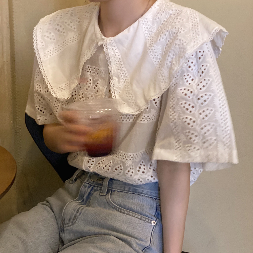 (HÀNG SẴN) Áo sơ mi tay ngắn chất xô thêu cao cấp, Áo cổ bèo tiểu thư xinh xắn màu trắng