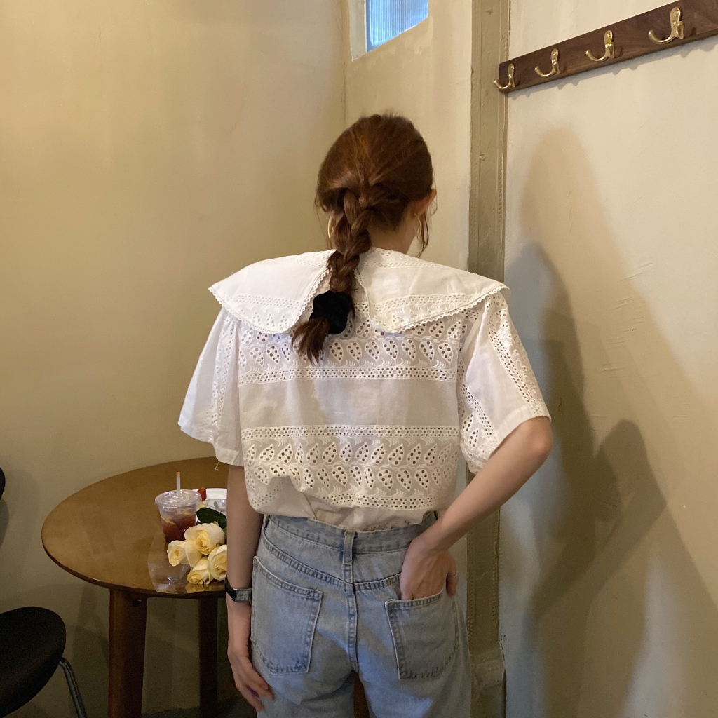 (HÀNG SẴN) Áo sơ mi tay ngắn chất xô thêu cao cấp, Áo cổ bèo tiểu thư xinh xắn màu trắng