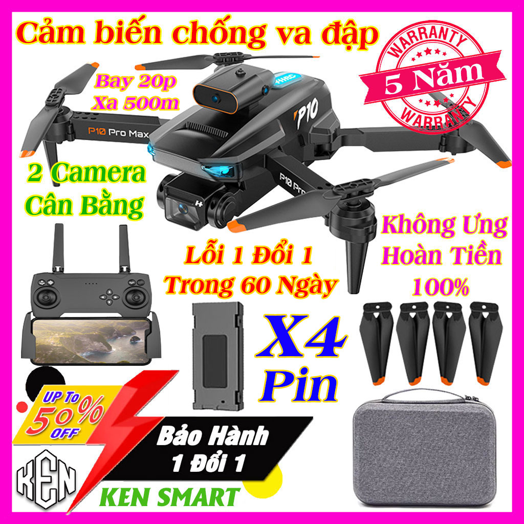 ⚡️ Bộ 4 Pin ⚡️ Máy Bay Flycam Drone Camera 4k P10 Pro Max, Fly cam mini giá rẻ, Cảm Biến Va Chạm Tránh chướng ngại vật