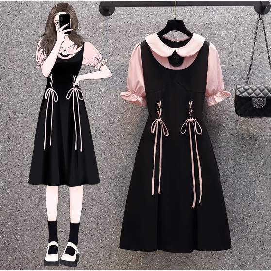 🌸Hàng Order🌸Váy Đầm Bigsize Cổ Bèo Phối Màu Đan Dây Eo Trẻ Trung Nữ Tính🌸Hàng Quảng Châu