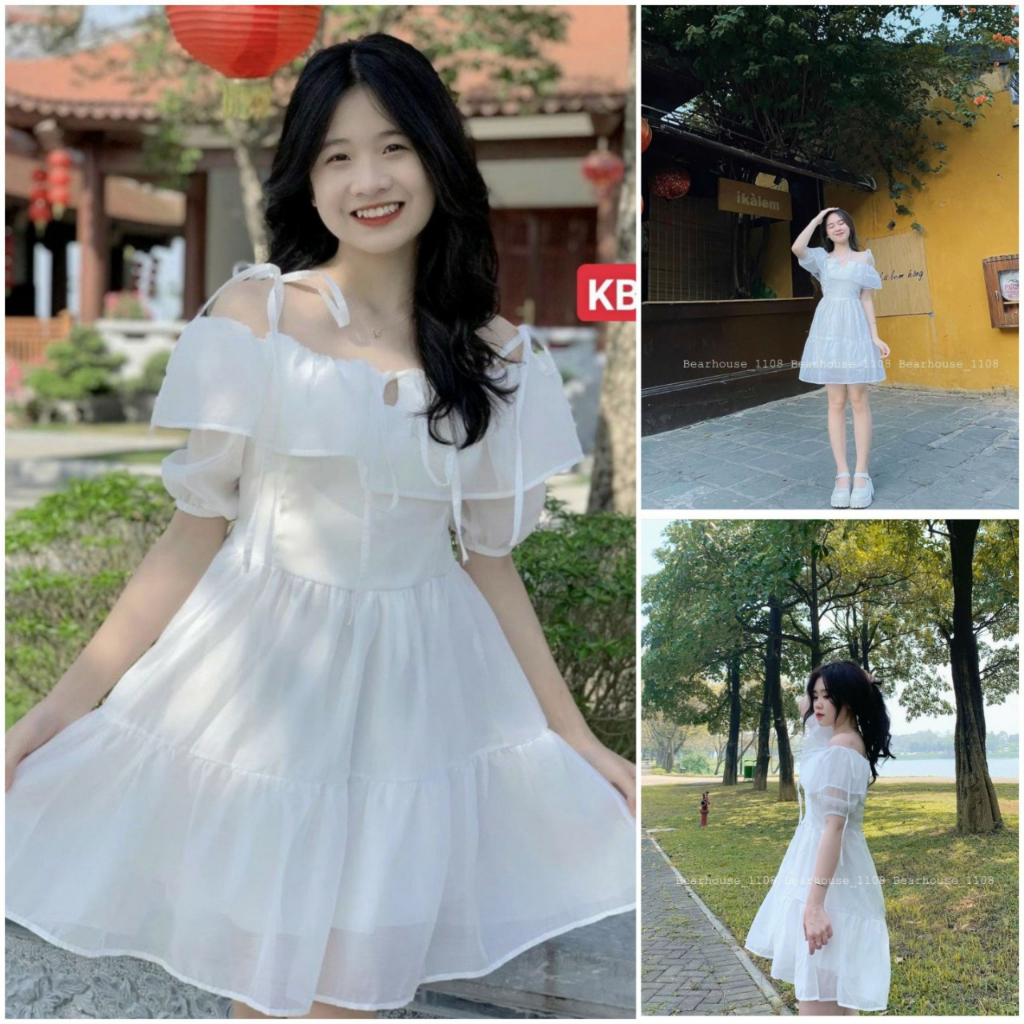 Váy trễ vai 2 dây cộc tay, đầm nữ trắng trễ vai màu trắng điệu đà mềm mại