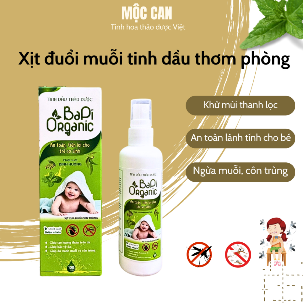 Xịt tinh dầu chống muỗi chống côn trùng, tinh dầu thảo dược BAPI ORGANIC đuổi muỗi, an toàn trên da trẻ em