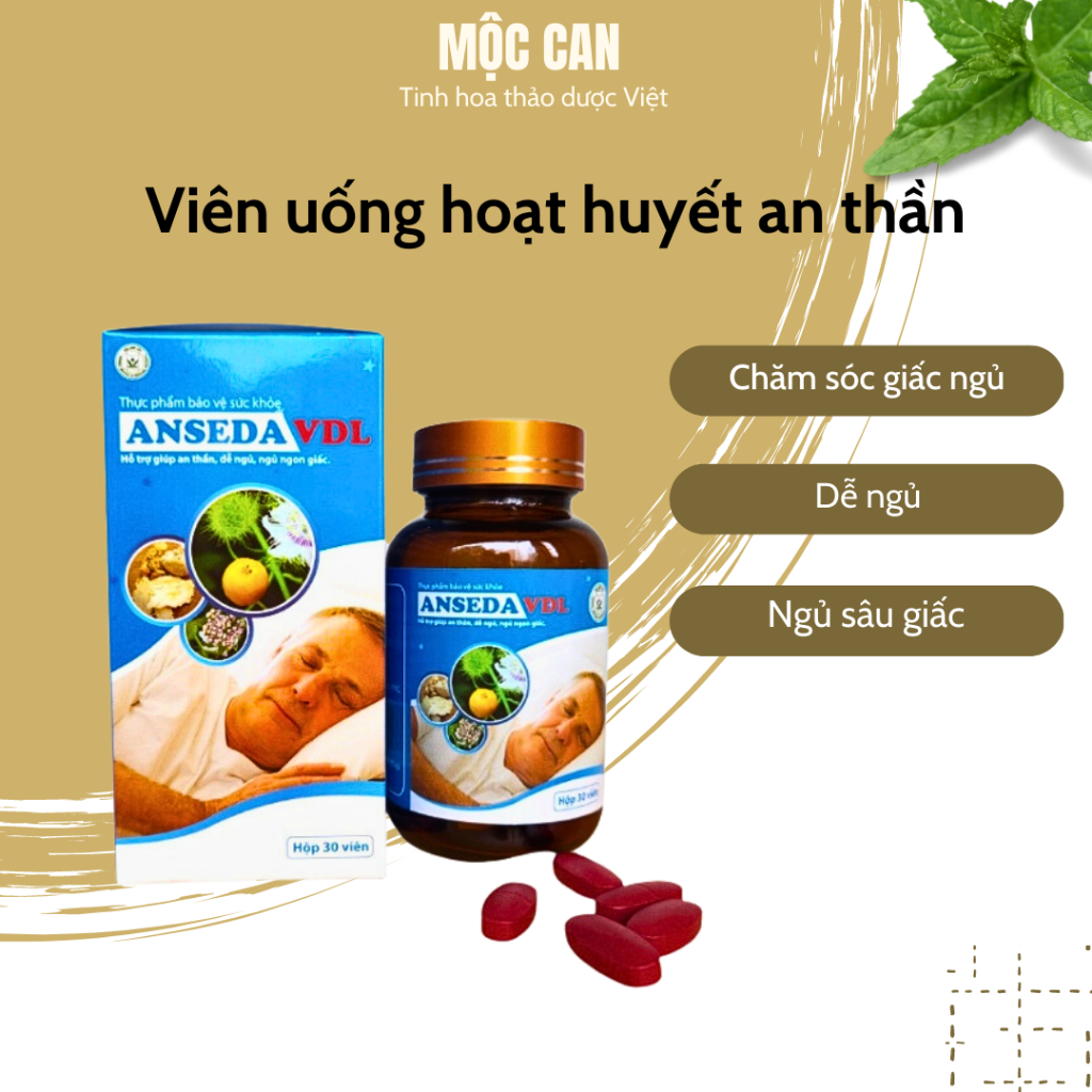 Viên Uống Hoạt Huyết An Thần Anseda VDL - Thực Phẩm Bảo Vệ Sức Khoẻ Dưỡng Não Giúp Dễ Ngủ, Ngủ Sâu Giấc Hộp 30 Viên
