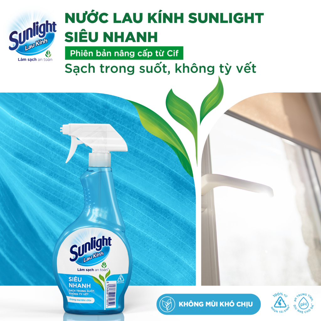 Combo 2 Nước lau kính Sunlight Siêu nhanh|Phiên bản nâng cấp từ Cif|Sạch trong suốt, không tỳ vết|Chai 520ml