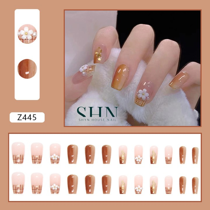 Bộ móng tay giả đính hoa trà Z445, Móng giả dài vuông, Nail xinh, Nail box