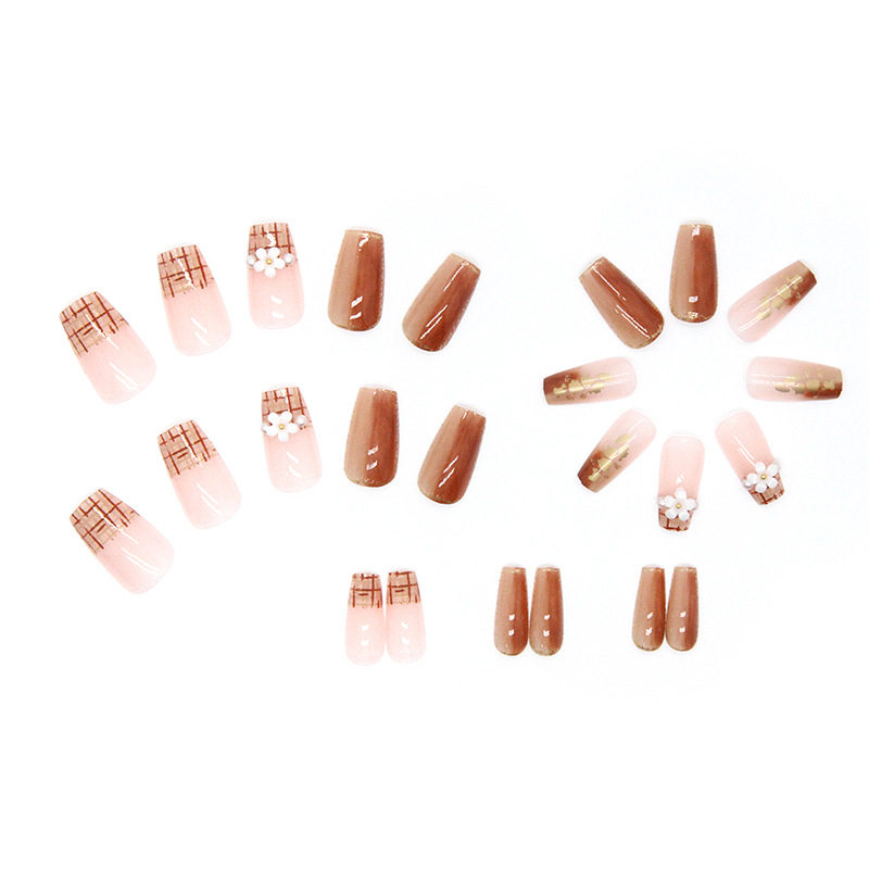 Bộ móng tay giả đính hoa trà Z445, Móng giả dài vuông, Nail xinh, Nail box