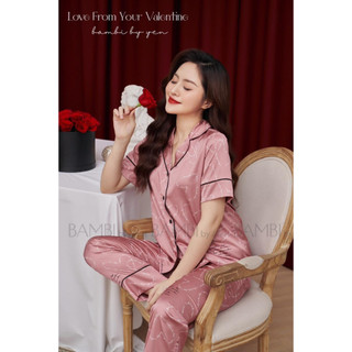 Bộ lụa họa tiết tim to pyjama cộc tay quần dài đồ mặc nhà lụa cao cấp 3HBNU43