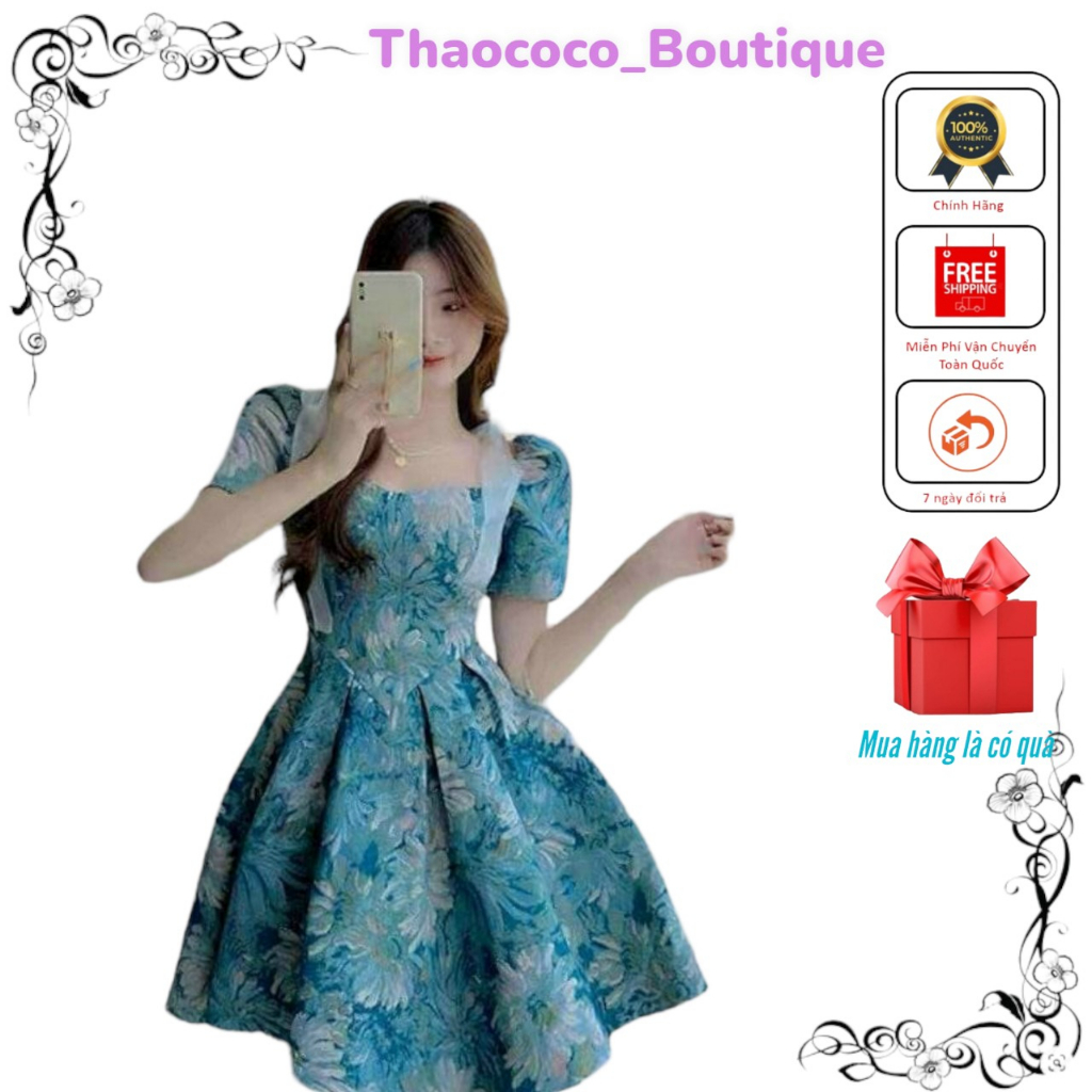 Váy đầm hoa tiểu thơ họa tiết bông lớn vai thắt nơ cực kỳ xinh xắn và duyên dáng TXDX77