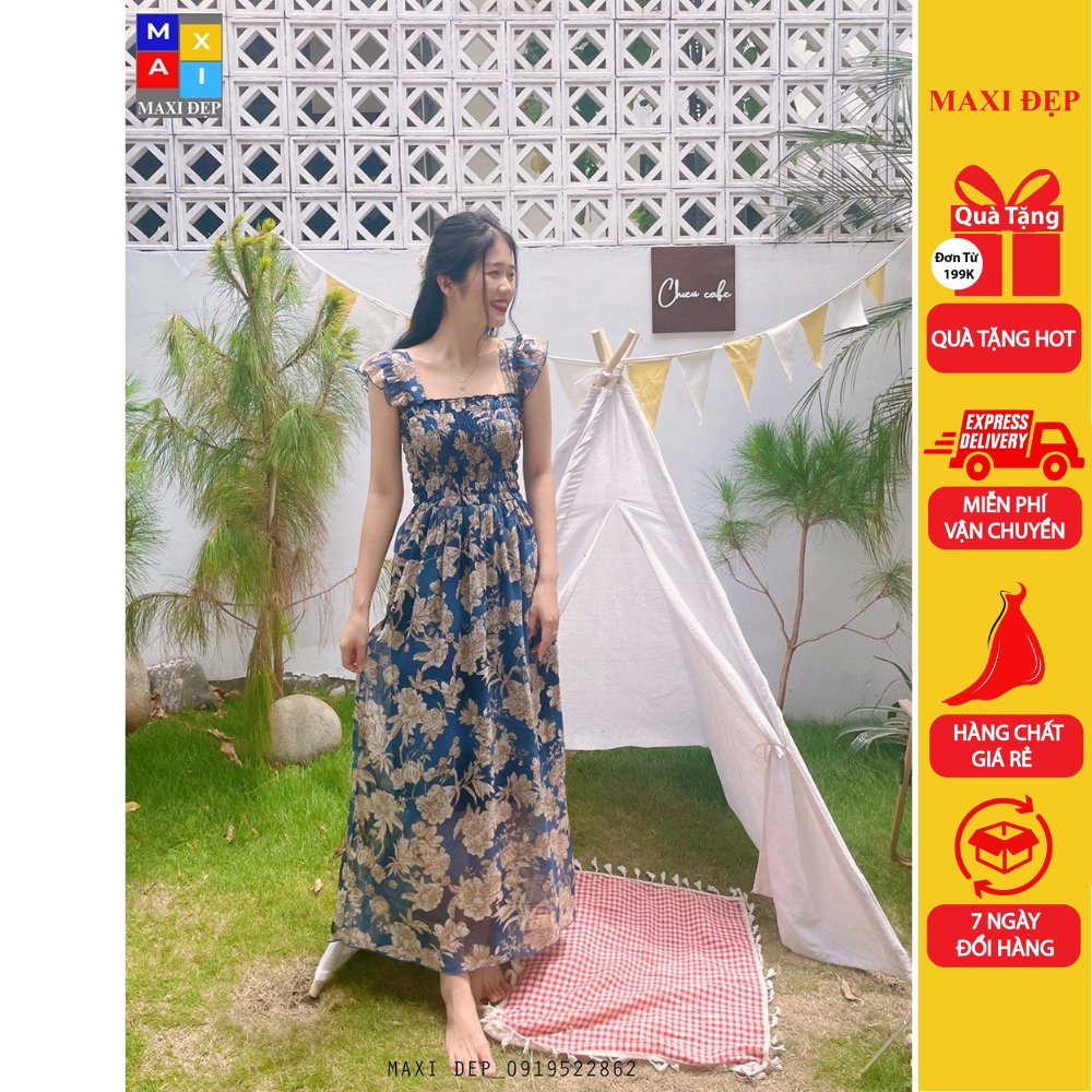 Đầm Maxi Cánh Tiên Dài Maxi Đẹp Họa Tiết Hoa Bạc Nền Xanh Biển