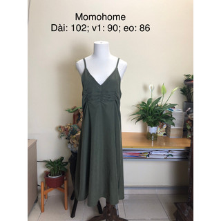Váy 2 dây si tuyển 2hand màu xanh rêu, nhún ngực, chất thô dày, mặc không hoặc kết hợp áo thun bên trong đều đẹp
