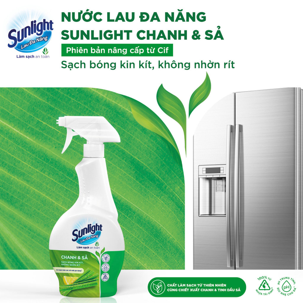 Combo 2 Nước lau đa năng Sunlight Chanh & Sả|Phiên bản nâng cấp từ Cif|Sạch bóng kin kít, không nhờn rít|Chai 500ml