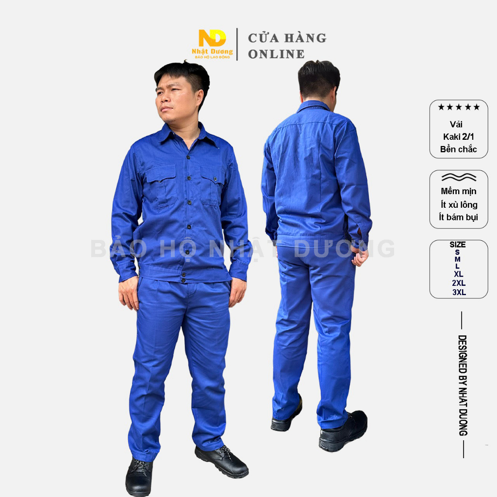 Quần áo bảo hộ lao động nam nữ vải kaki 2/1 màu xanh DN08, Đồ