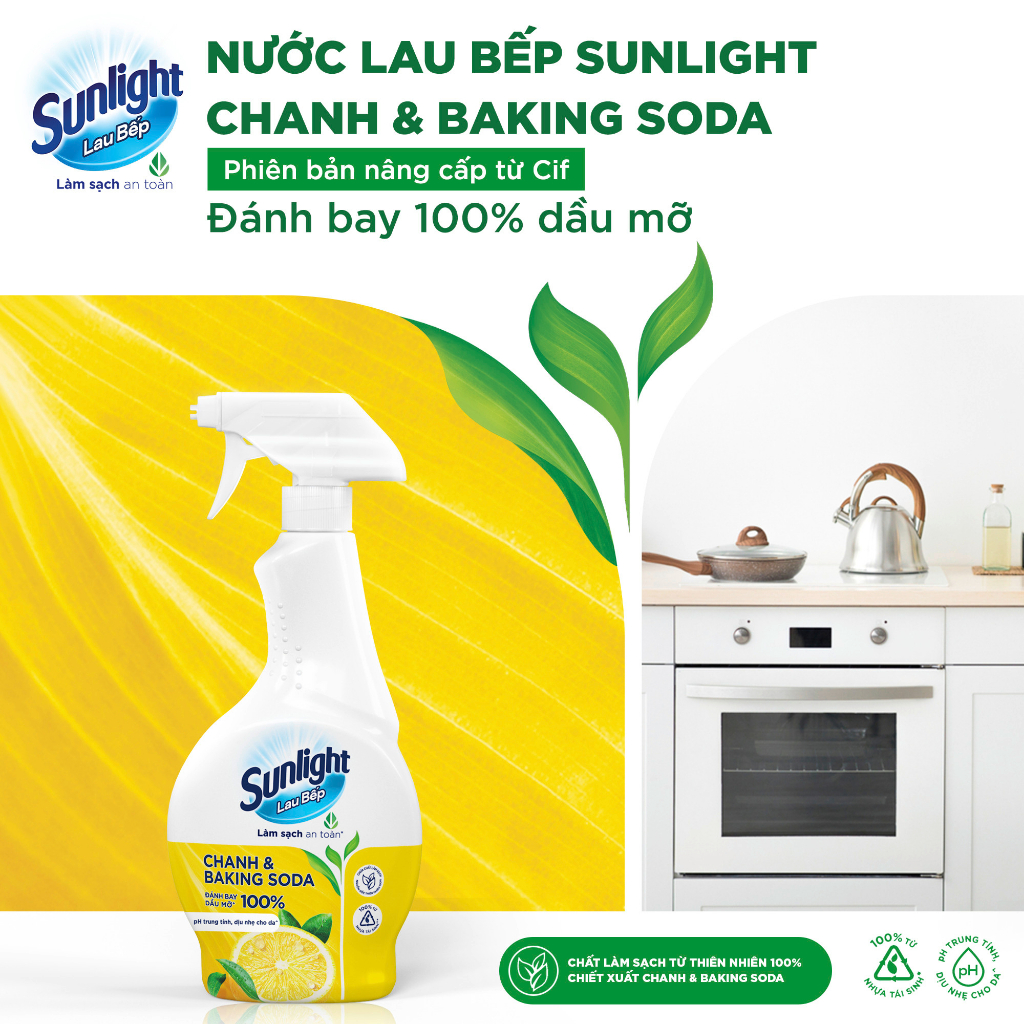 Combo 2 Nước lau bếp Sunlight Chanh & Baking soda|Phiên bản nâng cấp từ Cif|Đánh bay 100% dầu mỡ|Chai 500ml
