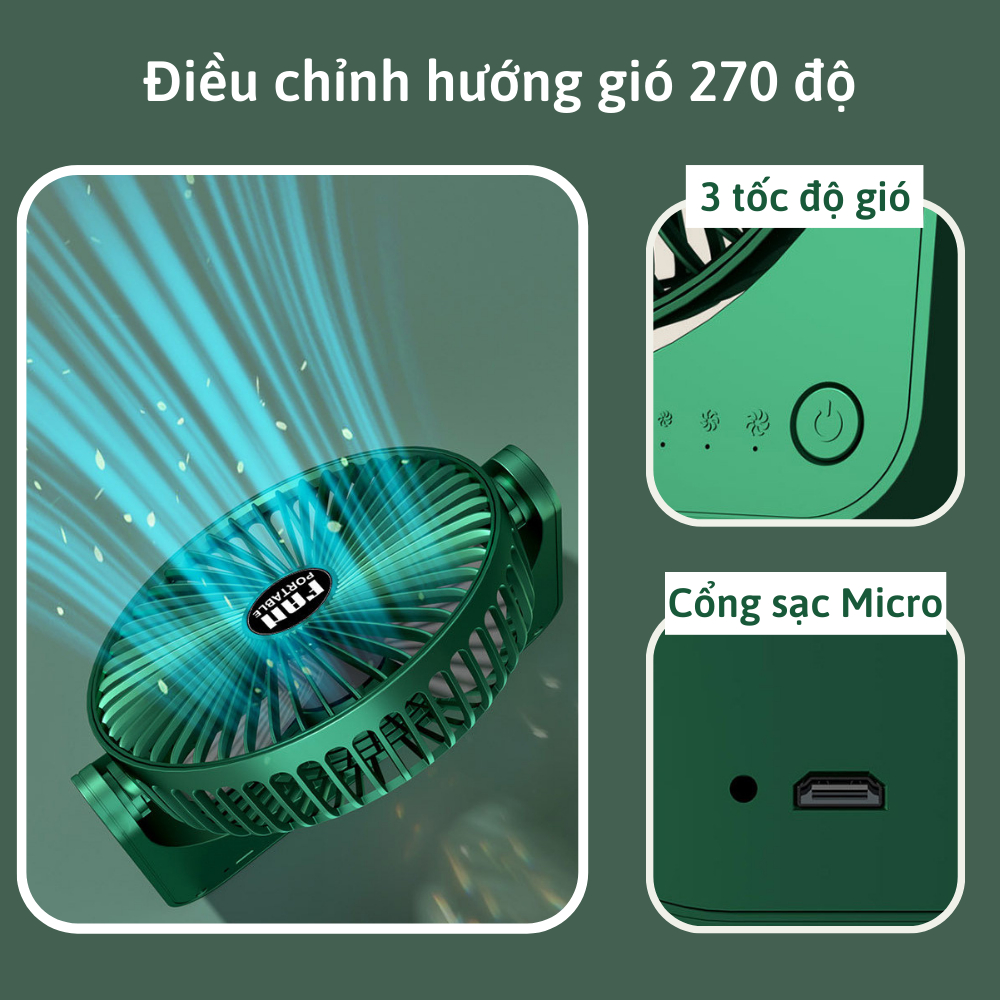 Quạt tích điện để bàn CTFAST V02, quạt mini văn phòng không gây ồn, 3 tốc độ gió, điều chỉnh 270 độ