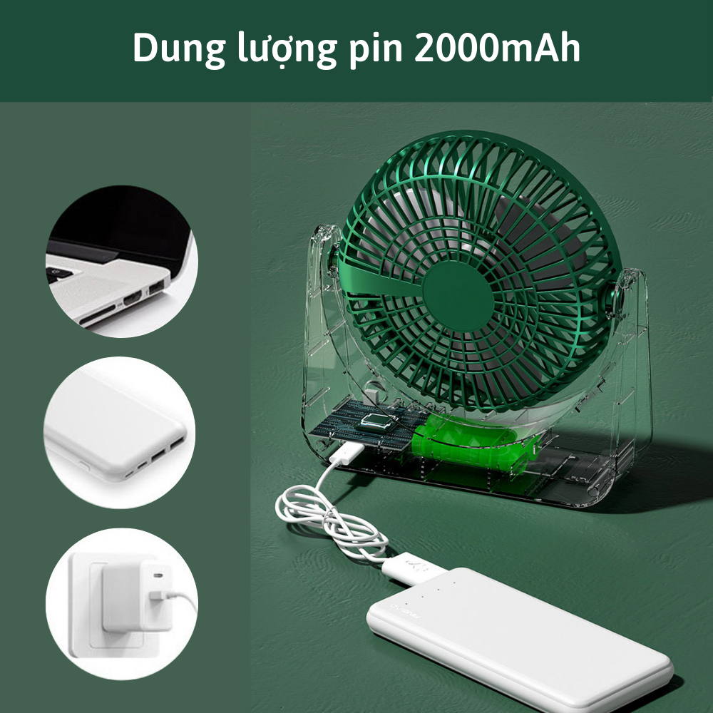 Quạt tích điện để bàn CTFAST V02, quạt mini văn phòng không gây ồn, 3 tốc độ gió, điều chỉnh 270 độ