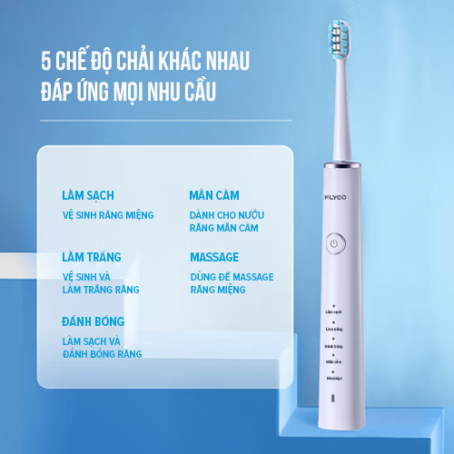 [Tặng Đầu Bàn Chải] Bàn Chải Sóng Âm Điện Flyco FT7108VN Kháng Nước 5 Chế Độ Làm Sạch Chuẩn Nha Khoa - Hàng Chính Hãng