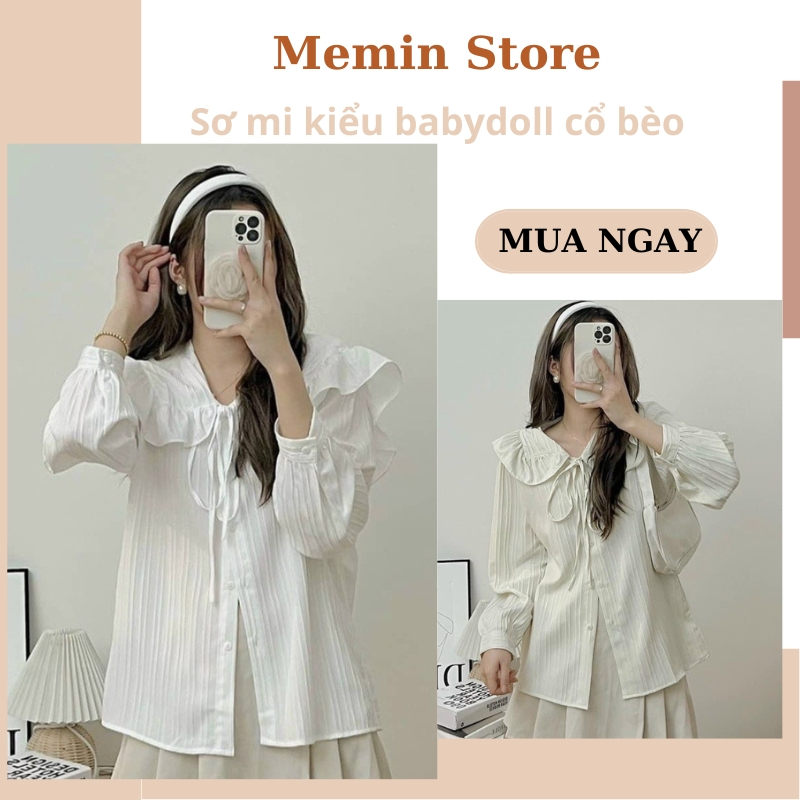 Sơ mi kiểu nữ babydoll cổ bèo chất vải gân thắt nơ tiểu thư hàn quốc form rộng đẹp Memin Store