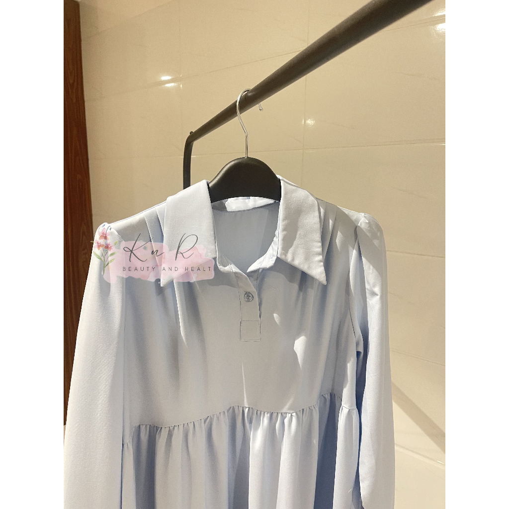 Đầm babydoll cổ sơ mi tiểu thư màu xanh ngọc tay dài, kiểu Hàn Quốc