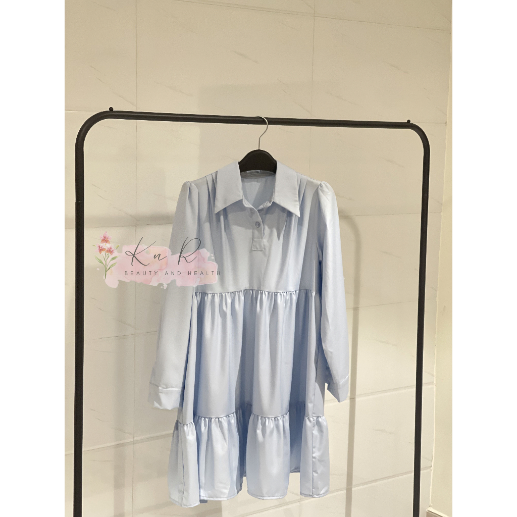 Đầm babydoll cổ sơ mi tiểu thư màu xanh ngọc tay dài, kiểu Hàn Quốc