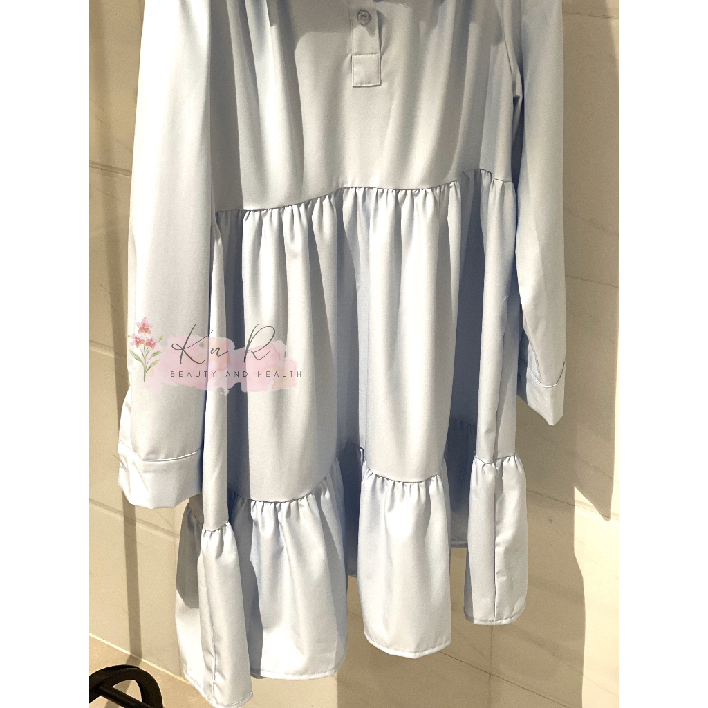 Đầm babydoll cổ sơ mi tiểu thư màu xanh ngọc tay dài, kiểu Hàn Quốc
